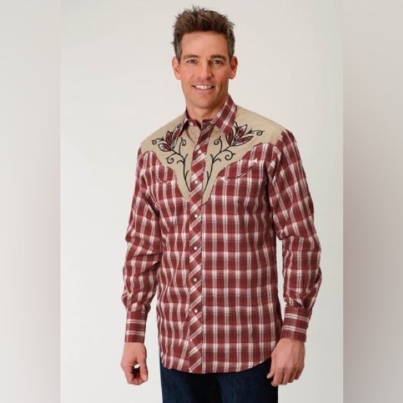 Roper Long Sleeve Plaid Western Pearl Snaps Collared Shirt Sz M Black Applique - Picture 1 of 13